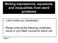 Writing expressions, equations, and inequalities from wor