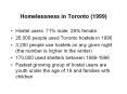 Homelessness in Toronto (1999) Hostel users: 71% male, 29