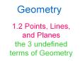 Geometry 1.2 Points, Lines, and Planes the 3 undefined term