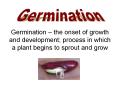 Germination the onset of growth and development process in which a plant begins to sprout and grow