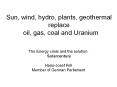 Sun, wind, hydro, plants, geothermal replace  oil, gas, coal and Uranium