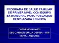 PROGRAMA DE SALUD FAMILIAR DE PRIMER NIVEL CON EQUIPO EXTRAMURAL PARA POBLACION DESPLAZADA EN NEIVA
