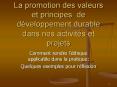 La promotion des valeurs et principes de dveloppement durable dans nos activits et projets
