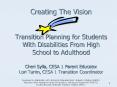Creating The Vision   Transition Planning for Students With Disabilities From High School to Adulthood Cheri Sylla, CESA 1 Parent Educator Lori Turim, CESA 1 Transition Coordinator  Developed in collaboration with: Wisconsin Statewide Parent