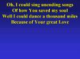 Oh, I could sing unending songs Of how You saved my soul Well I could dance a thousand miles Because