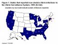 Figure 1: States that reported non-cholera Vibrio infections to the Vibrio Surveillance System, 1999 (N=342)