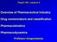 Overview of Pharmaceutical Industry Drug nomenclature and classification Pharmacokinetics Pharmacody