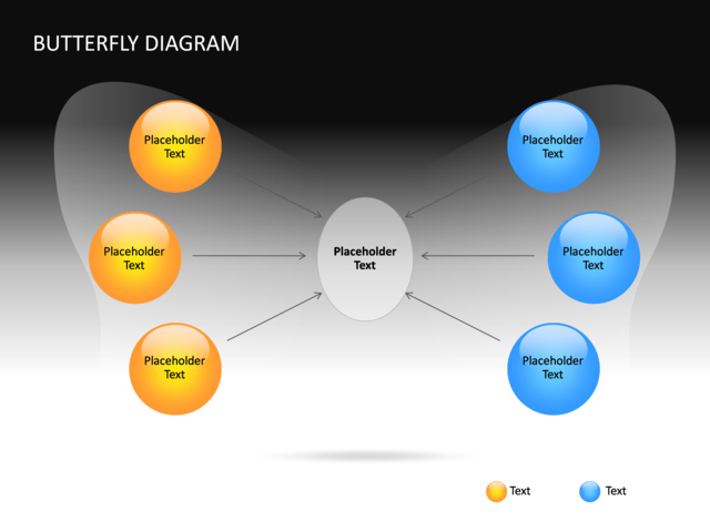 PowerPoint Slide - butterfly-diagram-3d-multicolor-6-spheres-cg-55