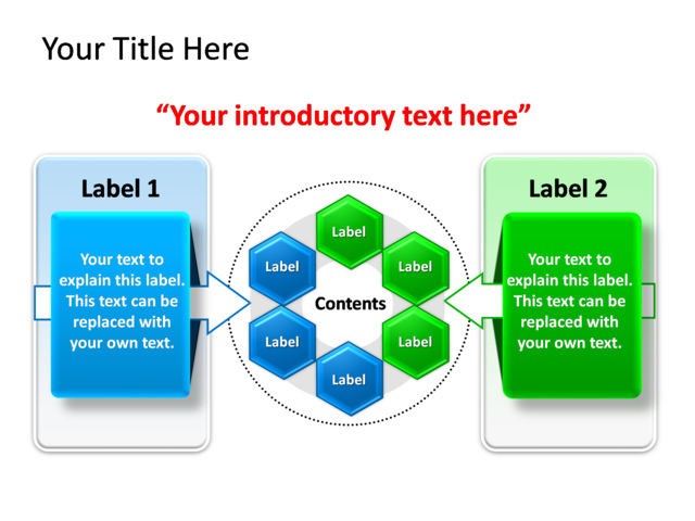 PowerPoint Slide - diagram-text-box-blue-6-hexagons-tg-201