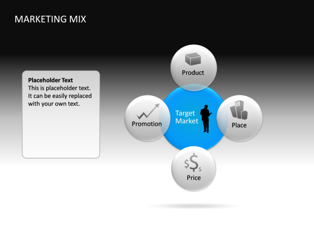PowerPoint Slide - marketing-mix-diagram-3d-blue-4-icons-cg-65