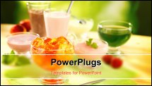  Power Point Template of - Group of dairy and fruit desserts with pudding fruit jelly shake and joghurt on table with spoon - Royalty Free PPT