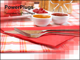  Power Point Template of - Fork knife strawberries raspberries slices of bread sugar cubes and jam for healthy breakfast. - Royalty Free PPT
