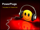 Power Point Template of - d illustration of a bright yellow smiley face wearing a pair of simple headphones on a dark red ref - Royalty Free PPT