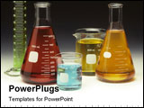  Power Point Template of - Scientific glassware filled with colored liquids on a graduated background - Royalty Free PPT